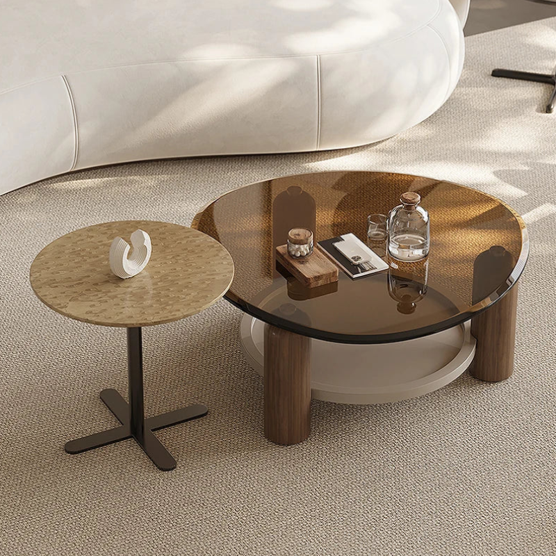 Table basse en verre pour salon avec pieds en bois