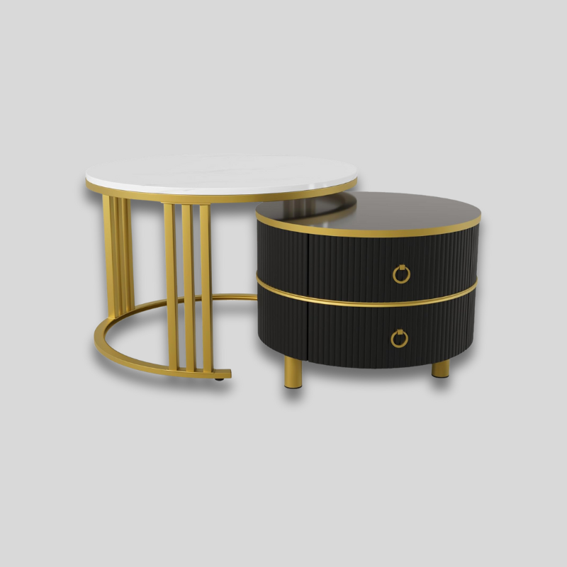 Table basse gigogne ronde avec rangement blanche & noire dorée