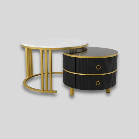 Table basse gigogne ronde avec rangement blanche & noire dorée