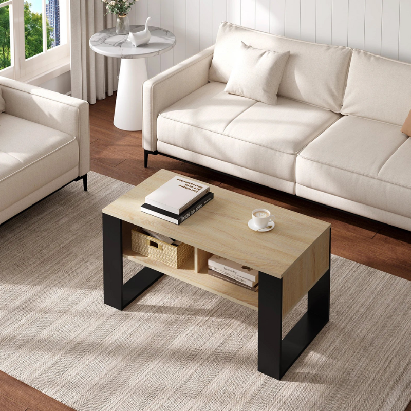 Table basse bois rectangle avec double rangements crème